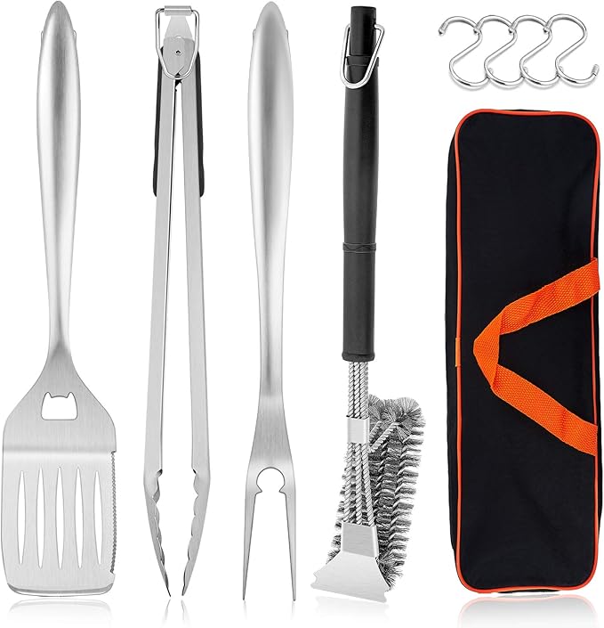 HaSteeL Grilling Utensil Set 18in, Stainless Steel BBQ Accessories Tools with Bag for Outdoor Cooking Camping, Heavy Duty Grill Spatula, Tong, Meat Fork, Basting Brush, Cleaning Brush, Man’s Gift