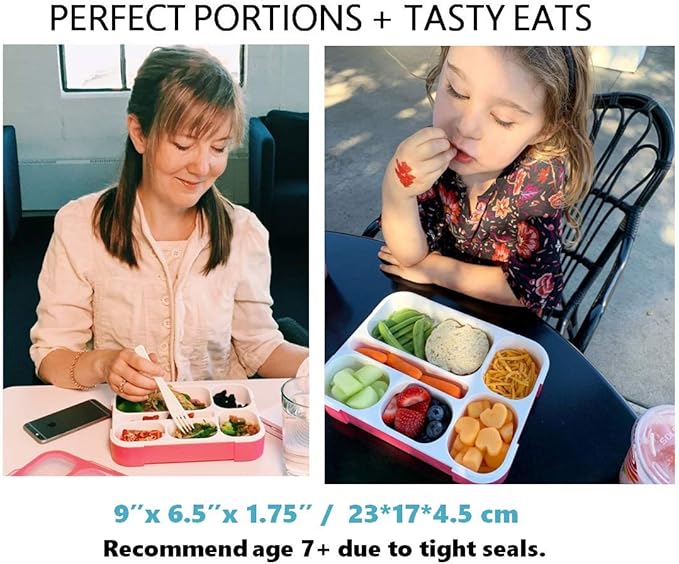 kinsho Bento-Box Lunch-Box Containers for Kids Girls Toddler Women, 6 Compartment Portion Container Kit, Meal Or Snack Boxes for School Daycare Travel, Bpa-Free Pink