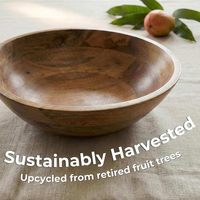 Extra Large Wooden Salad Bowl 15" with Serving Utensils - Large Wood Fruit Bowl - Oversized Mango Wood Salad Bowl for Big Family Meals , Bowl for Salad, Pasta, Popcorn - Handcrafted Wooden Salad Set