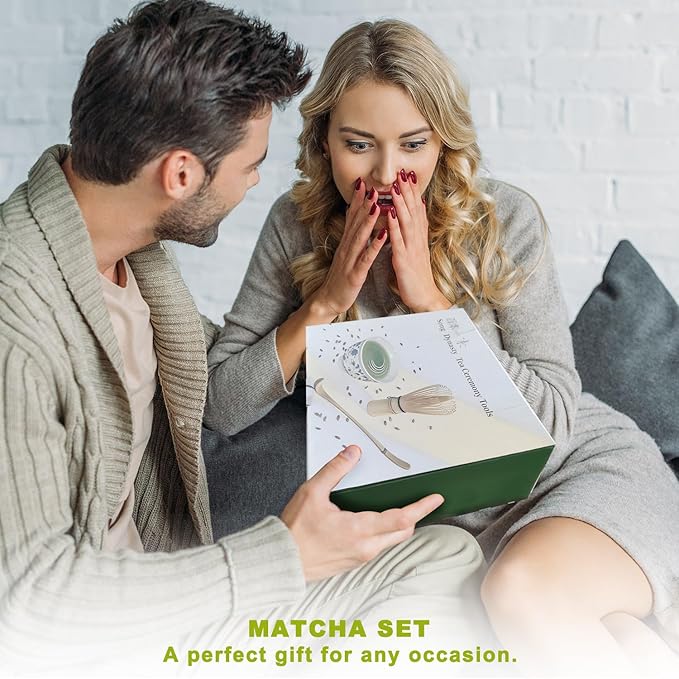 Matcha Set 7-Piece Tea Set with Brush, Bowl, Whisk, Strainer, Chasen, for Matcha Tea Ceremony (Matcha Green)