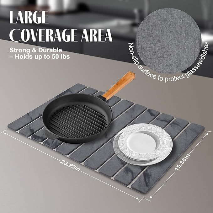 Large Stone Dish Drying Mats for Kitchen Counter, 24"(L)×16"(W) Marble-Pattern, Fast Drying Collapsible, Eco-Friendly Absorbent Diatomaceous Earth Mats, Match Any Countertop - Dark Grey