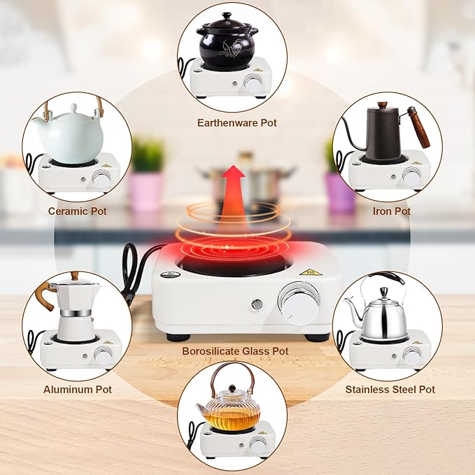 4-in-1 Moka Pot Espresso Set with Electric Stove 3 Cup Aluminum Stovetop Coffee Maker Percolator Italian Classic Mocha Coffee Machine with Powder Dispenser Filter Paper Portable Camping White