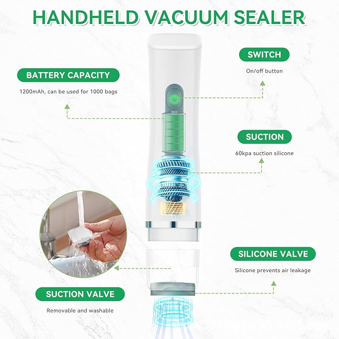 Vacuum Sealer for Food with Visible Water Tank, Handheld Compact Vacuum Sealer,Food Safety and Storage Vacuum Machine with 30 Pcs Reusable Vacuum Bags (White)
