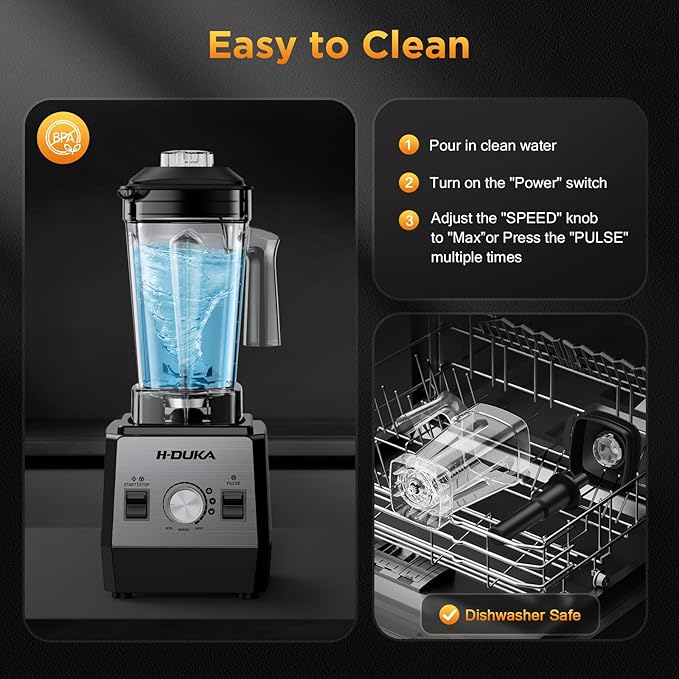 H-Duka Blender, Countertop Blenders for Kitchen with 64oz Pitcher, Powerful 25000 PRM Blender for Smoothies, Ice Crushing, Frozen Fruits, Milkshakes, Pulse Function, Self-Cleaning (Silver Black)