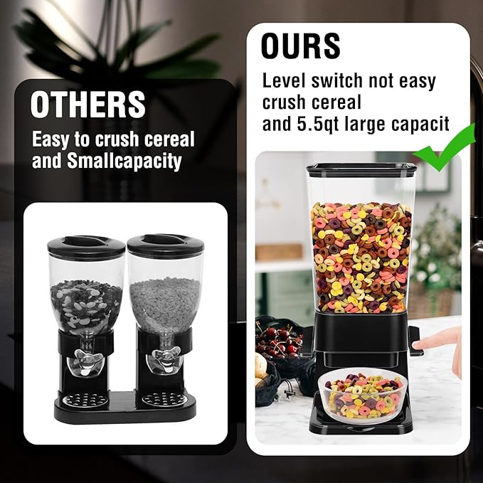 Cereal Dispenser Countertop 2pcs,5.5L Cereal Containers Storage Dispenser for Pantry,Dry Food Storage Rice Containers,Candy Dispenser,Snack Organizer Machine for Grains, Nuts,Oatmeal, Pet Food Black