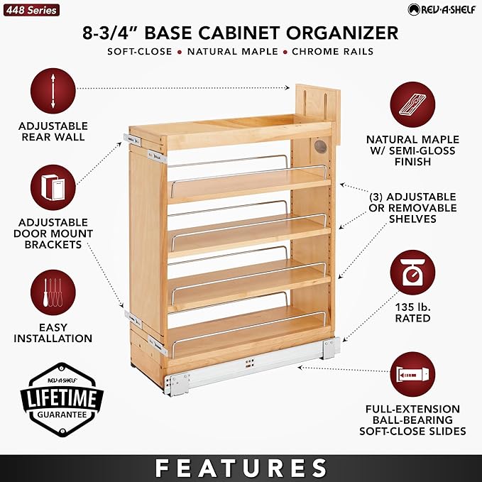 Rev-A-Shelf 8" Pullout Storage Organizer for Base Kitchen/Bathroom Cabinets with Soft-Close Full Extension Slides and Adjustable Shelves, 448-BCSC-8C