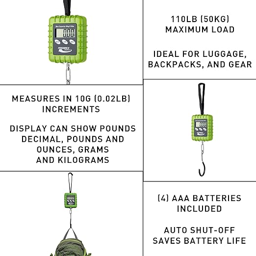 FEEDBACK SPORTS | Expedition Backpacking, Biking, Luggage 110lbs Capacity Digital Scale | Protective Rubber Exterior, Lbs/Kgs/Ounces/Grams/Decimal LCD Display | Batteries Included