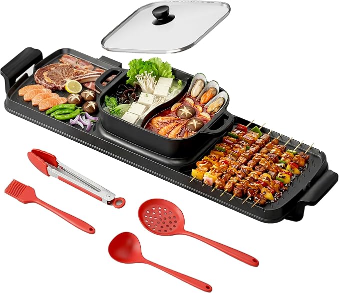 Electric Hot Pot and Grill Combo, Korean BBQ Indoor Smokeless Grill with Nonstick Surface,Large Tabletop Cooker for Family & Party, Includes Cooking Tool Set (Ladle, Strainer, Tongs, Oil Brush)