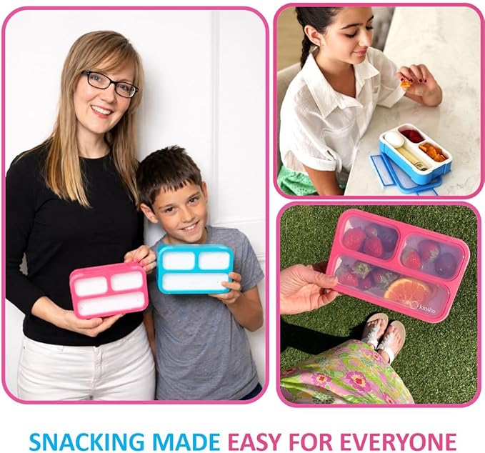 Small Snack Containers for Kids Toddlers - 3 Compartments (Set of 2) - Leak-Proof Reusable Boxes with Lids -BPA-Free Plastic Mini Bento Lunch Box - Ideal for School, Daycare - Holds 2 Cups (Pink+Blue)