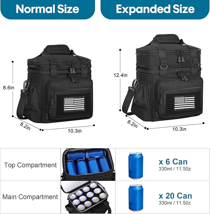 GLENKEY Tactical Lunch Box Cooler Bag - Expandable Insulated Lunch Bag for Men Women - Large Lunchbox for Adults Work Shifts Outdoor Trips Black with Flag 16L