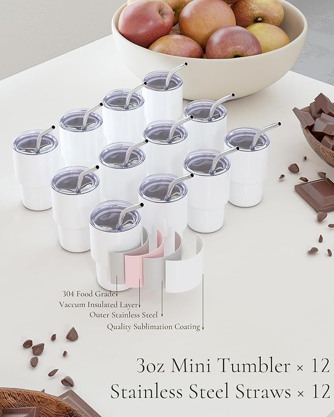 UIRZOTN 3oz Mini Tumbler Shot Glass with Straw and Lid, 12 Pack Stainless Steel Sublimation Shot Glasses for Wedding Party Whiskey Cocktail Bar with Straw and Lid (White)