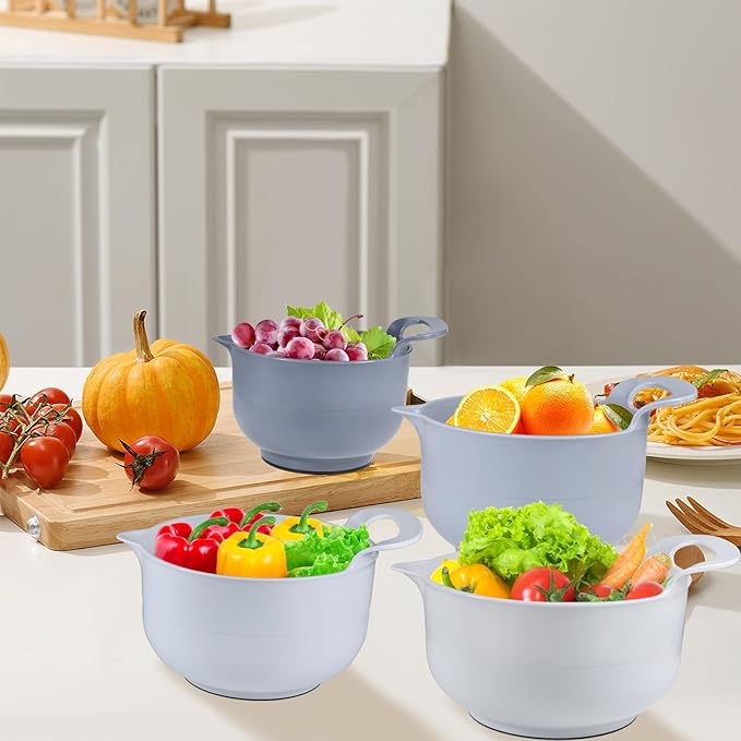 Mixing Bowls - 4 Piece Nesting Plastic Mixing Bowl Set with Pour Spouts and Handles - Non Slip Bottom and Measurement Markings (Light Gray)