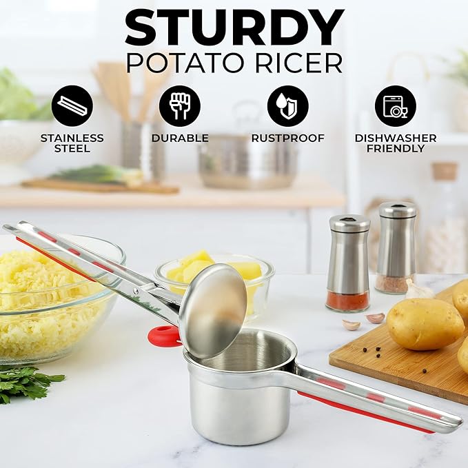 Zulay Kitchen Premium Large 15oz Potato Ricer, Heavy Duty Professional Stainless Steel Potato Masher and Ricer Kitchen Tool, Press and Mash Kitchen Gadget - Red and Silver Fixed Disc