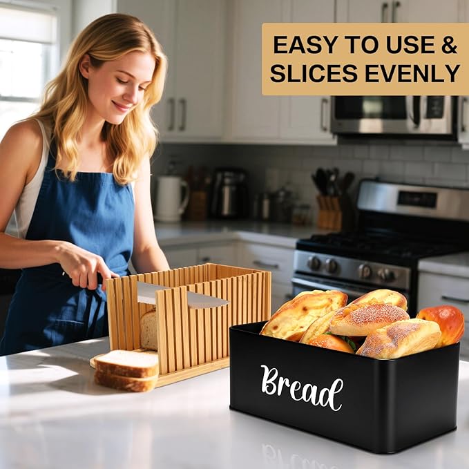 Bread Box with Bread Slicer Storage Container for Kitchen Countertop Food Storage with Multifunction Bamboo Lid, 3 in 1 Breadbox Removable Cut Board for Loaf Slicing (Black,Wood, Metal,Bamboo)