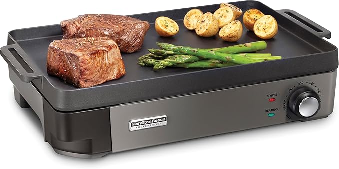 Hamilton Beach Professional Cast Iron Indoor Electric Grill & Griddle, 10" x 16" Preseasoned Cooking Surface, Adjustable Temperature up to 450° F, Black (38560)