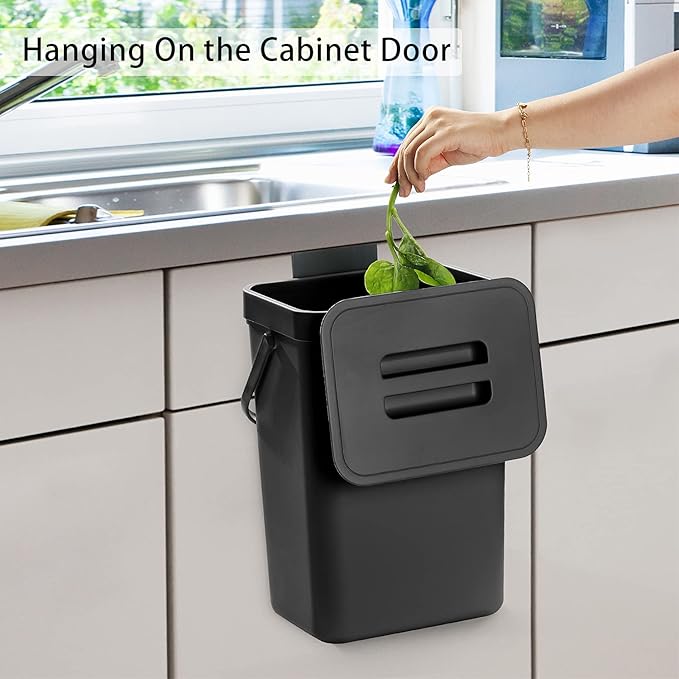 1.3 Gallon/ 5L Compost Bin Indoor Kitchen and 3.2 Gallon/12L Small Trash Can with Lid for Kitchen Cabinet，Black