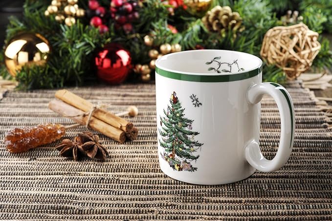 Spode Christmas Tree 4-Piece Dinnerware Setting - Fine Earthenware Holiday Tableware - Dishwasher & Microwave Safe, Festive Christmas Plates, Bowls, Mug - Holiday Dining Essentials