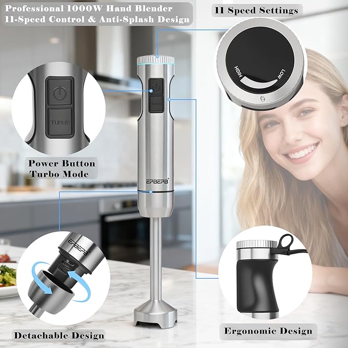 Handheld immersion Blender 11-Speed, 1000W Immersion Blender with Anti-Splash Design, Stainless Steel Blade for Blending Soup, Smoothies, Mayonnaise,Making Food Is More Convenient