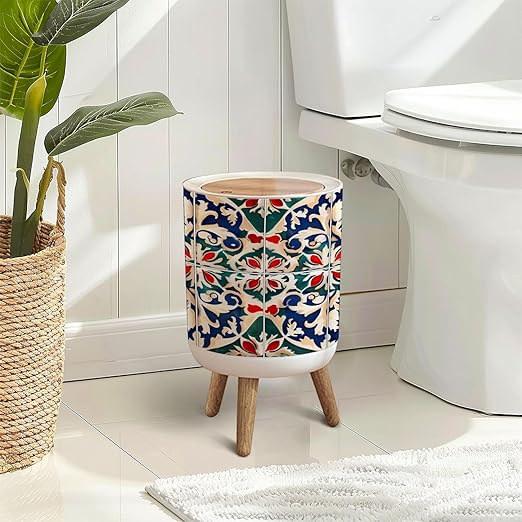 Trash Can with Lid Gorgeous seamless pattern white colorful Moroccan Portuguese tiles Press Top Round Small Garbage Bin with Wooden Legs Waste Basket for Kitchen Bedroom Nursery 7L/1.8 Gallon