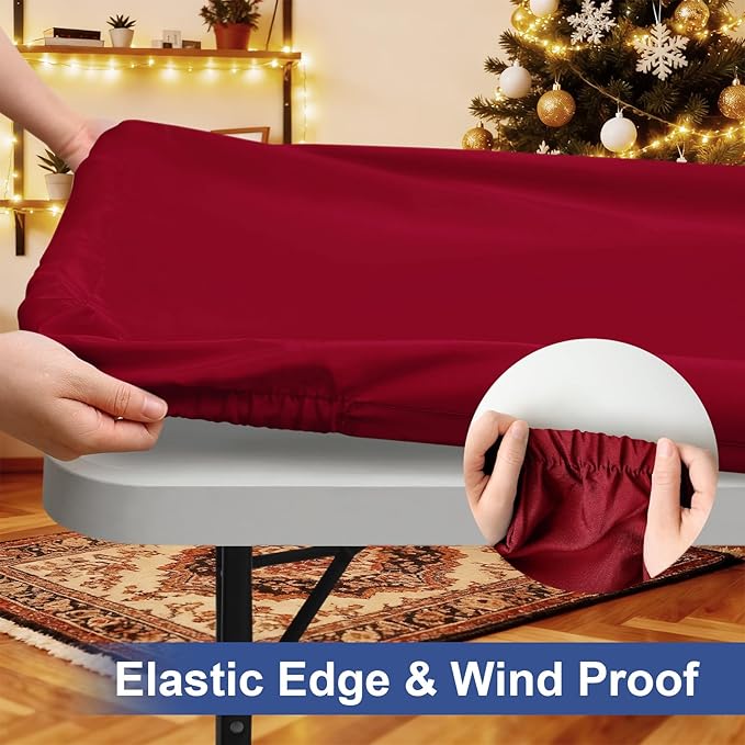 homing Rectangle Table Cloth Cover, Waterproof Polyester Elastic Fitted Tablecloth, Fits for 6 Foot Folding Tables, Washable Table Protector for Picnic, Camping, Outdoor (Wine Red, 30" x 72")