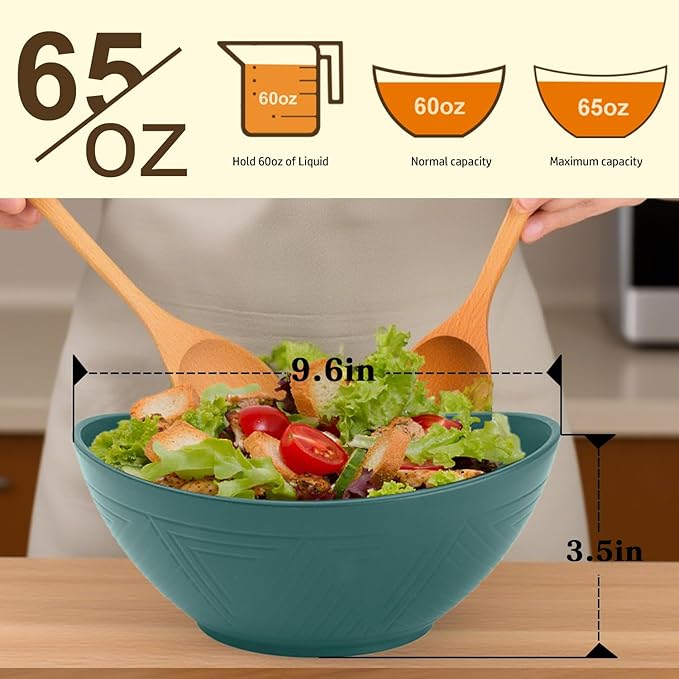 Homienly Salad Bowls 6 PCS Wheat Straw Bowls - 60oz Large Serving Bowl - Microwave and Dishwasher Safe Centerpiece Bowl Big Soup Bowl for Kitchen, Camping, Picnic, Party, Popcorn Bowl Set - Green