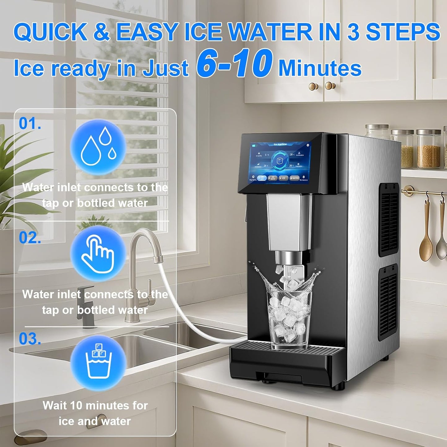Undercounter Nugget Ice Maker with Water Dispenser – 60 lbs/Day, 10 lbs Bin, Soft Chewable Ice Machine, Self-Cleaning Stainless Steel Ice Machine Maker for Home, Bar, Kitchen, Office