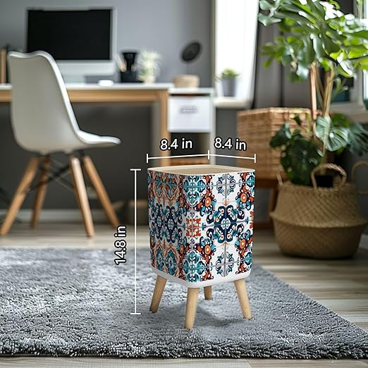 Small Trash Can with Lid Talavera pattern Indian patchwork Azulejos portugal ornament Moroccan Wastebasket with Press Cover Dog Proof Garbage Can Waste Bin for Kitchen Bathroom Nursery 2.6 Gallon