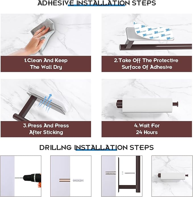 ASTOFLI Paper Towel Holder Under Cabinet No Drilling, Self Adhesive Paper Towel Holder Wall Mount for Kitchen Rack, Under Counter Napin Holder No Drill, RV, 304 Stainless Steel, Oil Rubbed Bronze