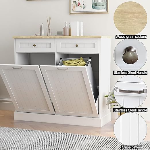RASOO Double Tilt Out Trash Can Cabinet Freestanding Wooden Kitchen Garbage Trash Can Cabinet with Wood GrainTabletop and 2 Drawers