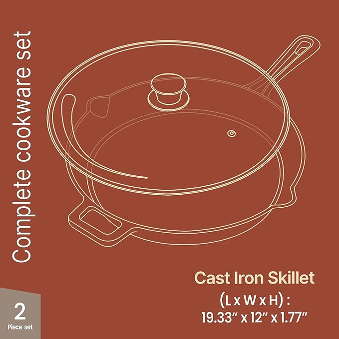 Bakken Pre Seasoned Cast Iron Skillet with Glass Lid & Silicone Handle,12" Frying Pan for Stove, Oven, Grill & Induction, Even Heat Distribution, Versatile All-Purpose Cookware for Searing & Frying