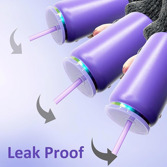 4 Pack Glass Cups with Lids and Straws, 16 oz Stainless Steel Cups, Insulated Skinny Tumbler, Powder Coated Travel Tumbler for Laser Engrave, Iced Coffee Cup for Smoothie Water DIY Gift(Purple,4 pack)