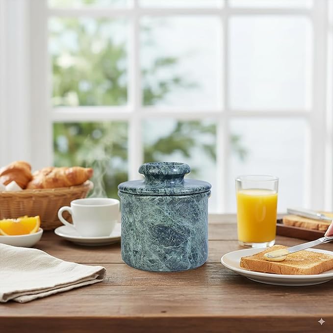 Jungle Green Butter Keeper, Round Marble Butter Dish, 4 inches, 3.5 inch Diameter