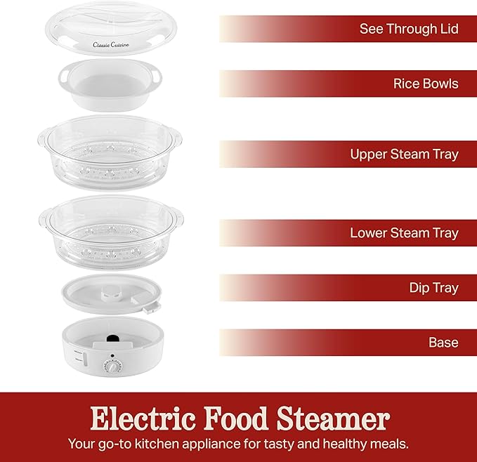 Vegetable Steamer Rice Cooker- 6.3 Quart Electric Steam Appliance with Timer for Healthy Fish, Eggs, Vegetables, Rice, Baby Food by Classic Cuisine, 11"D x 11"W x 12.25"H