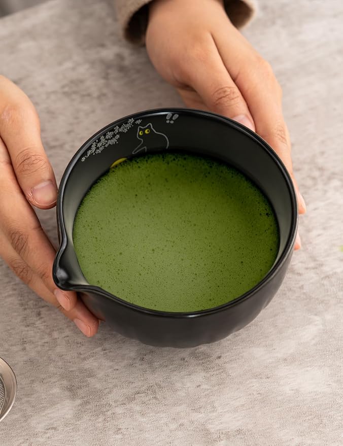TANG PIN Premium Matcha Set - Traditional Japanese Matcha Making Kit with Spout Bowl (Chawan), Bamboo Whisk (Chasen) & Holder Stand - Complete Matcha Maker Starter Tools for Matcha Tea & Latt (Cat)