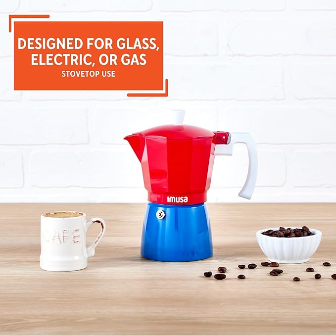IMUSA Stovetop Espresso Maker 6 Cup – Cast Aluminum Moka Pot Caribbean Colors Edition Red Blue White – Cafetera Italiana Espresso Cuban Coffee Maker