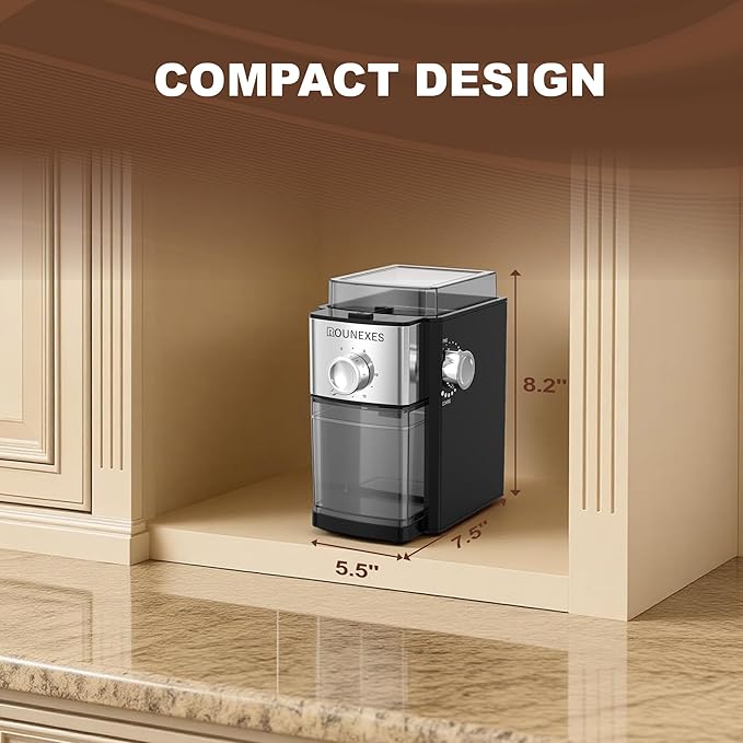 Electric Flat Burr Coffee Grinder, Compact Coffee Grinder for Home Use, Burr Mill Grinder with 17 Precise Grind Settings, 7oz Large Hopper, Removable Burr & Coffee Container