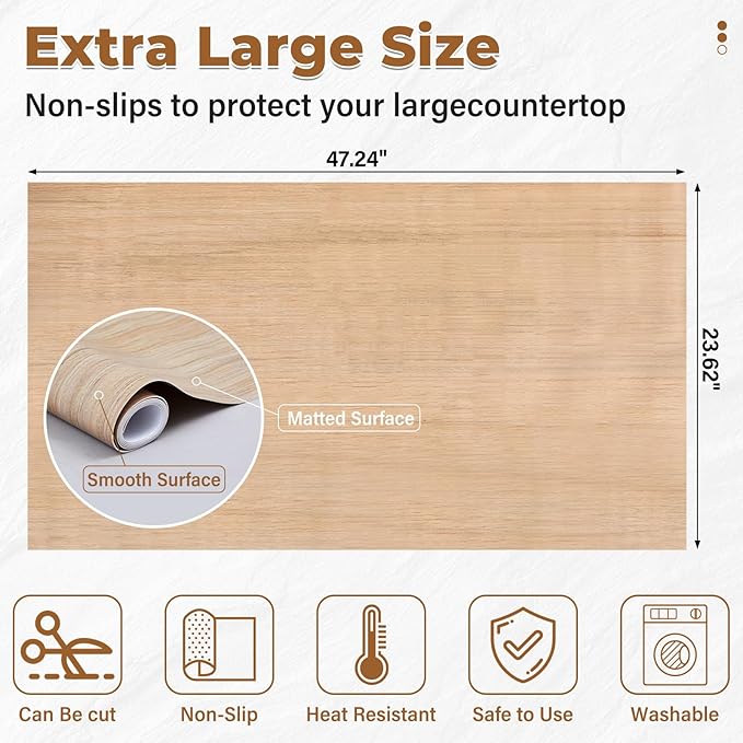 Zhehao Silicone Mat, 47.2'' x 23.6'' Wood Grain Nonslip Heat Resistant Kitchen Countertop Protector Mat, Waterproof Table Protector Cover for Baking, Crafting, Dough Rolling