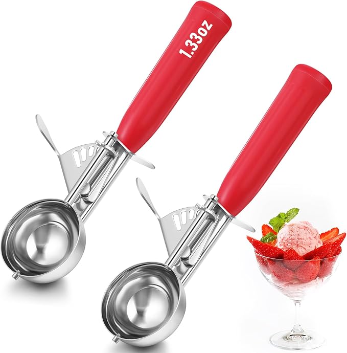 Reallnaive 2 Pcs Release Cookie Scoops Ice Cream Scooper with Trigger Release Portion Scoop Stainless Steel for Portion Control, Baking Food, Cookie Dough (1.33 oz,Red)