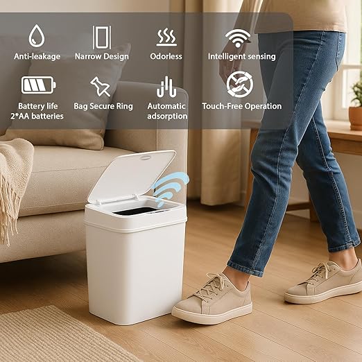 Touchless Motion Sensor Trash Can with Sealing Lid Automatic Soft Close Silent Bathroom Kitchen Office Waste Bin Narrow Rectangular ABS Hands Free Smart Home Garbage Container (White)