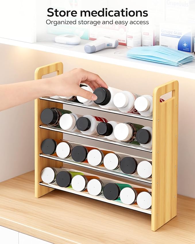 Nieifi Transparent & Wooden Spice Rack Rustproof, without Seasoning Jars,4-Tier ABS Plastic Spice Rack Organizer for Cabinet and Countertop,Thickened Corrosion-Resistant-Tiered Spice Rack