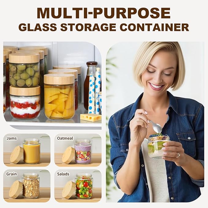 6 Pack 10oz Glass Jars with Bamboo Lids, Overnight Oats Containers with Airtight Lids, Storage Containers Wide Mouth Mason jars for Salad,Yogurt, Sugar, Snacks, Spices