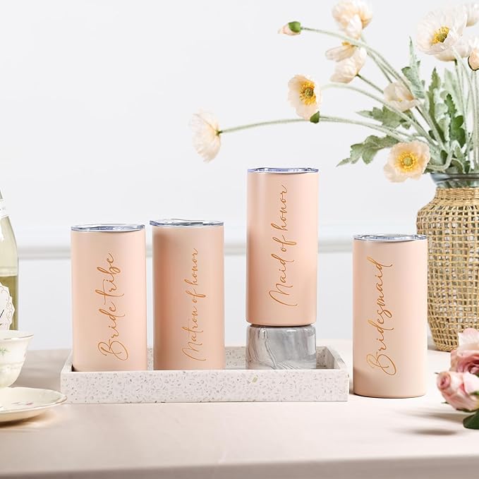 Bridesmaid Gifts Bridesmaid Proposal Gifts Bachelorette Cups Wedding Party Favors Stainless Steel Insulated Skinny Tumbler with Lid and Straw 15 OZ Pink