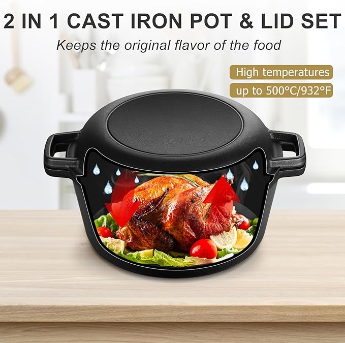 TeamFar Pre-season Cast Iron Dutch Oven with Skillet Lid, 2-in-1 Cast Iron Bread Pan Skillet Cookware with Dual Handles for Bread Baking, Frying, Camping, 5QT