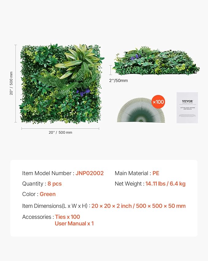 VEVOR Artificial Grass Wall Panels, 8 PCS 20 x 20 inch, 3D Combination Greenery Boxwood Panel for Indoor Outdoor Green Decor & Ivy Fence Covering, Privacy Backdrop Wall Hedge Screen for Garden