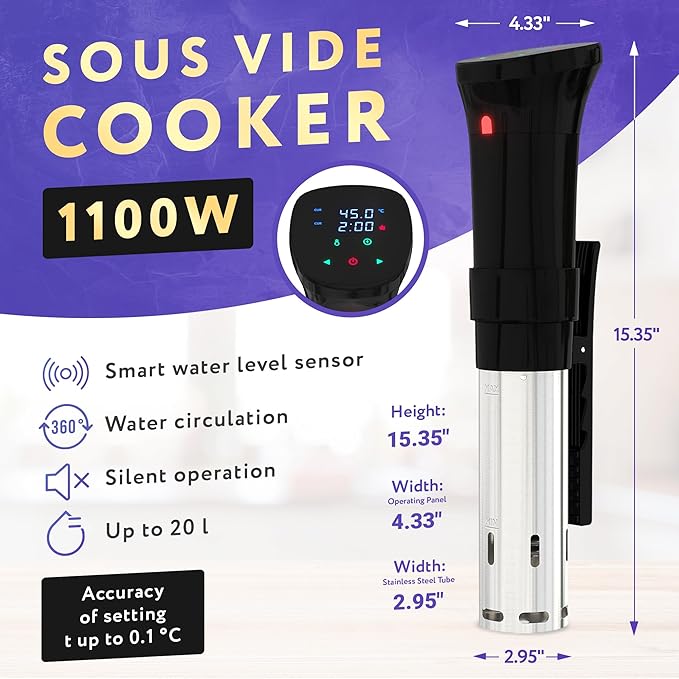 APQ Sous Vide Cooker 1100W, Professional Thermal Immersion Circulator Cooker with Adjustable Clamp, Sous Vide Machines with Temperature/Digital Timer, Ultra Quiet Sous Vide Precision Cooker