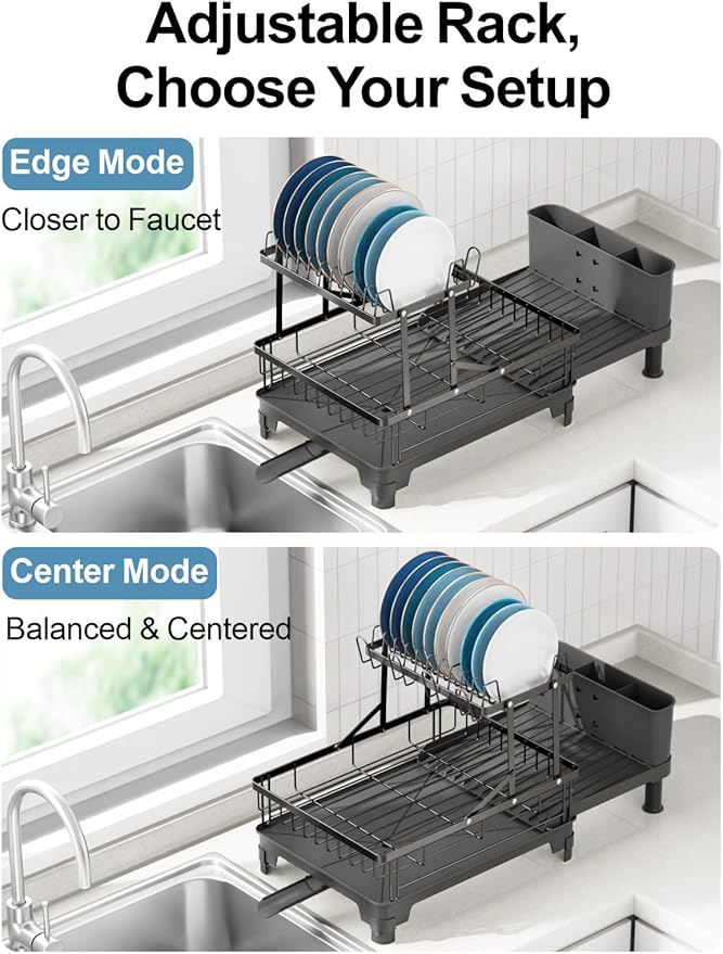 GSlife 2 Tier Dish Drying Rack with Drainboard, Expandable Large Dish Drainer for Kitchen Counter, Rust Resistant Dish Drainer with Cup Holder & Utensil Holder, 12.6" W x 18.7"-25.2" L, Black