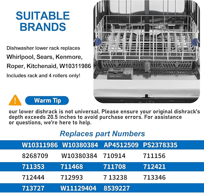 OEM 2026 UPGRADED W10311986 W10380384 Dishwasher Lower Rack Assembly for Whirlpool Kenmore Dishwasher Rack Replacement Parts,W10311986 W11158802 For Maytag stainless steel Dishwasher Bottom Rack