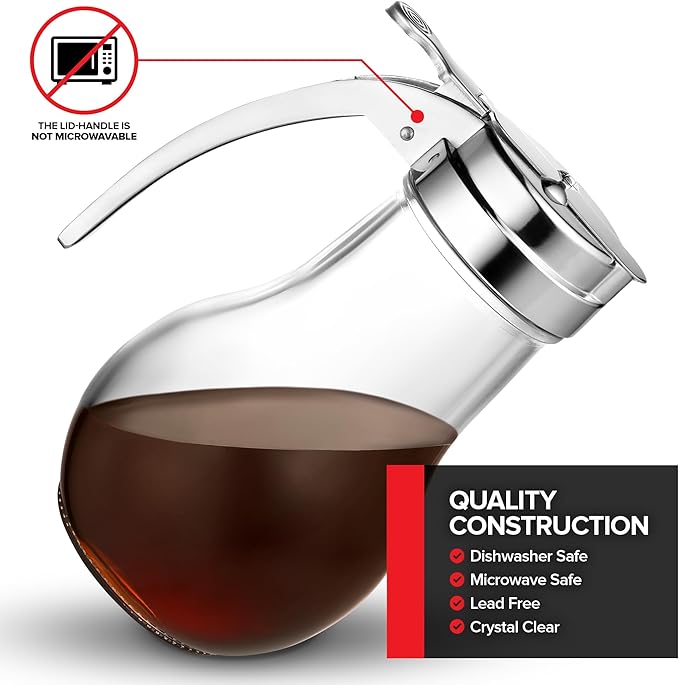 14 oz Glass Syrup Dispenser With No Drip Bottle for Maple Syrup, Honey, Pancake Mix, or Sugar - Dishwasher Safe Container With Metal Easy Pour Lid (414mL)