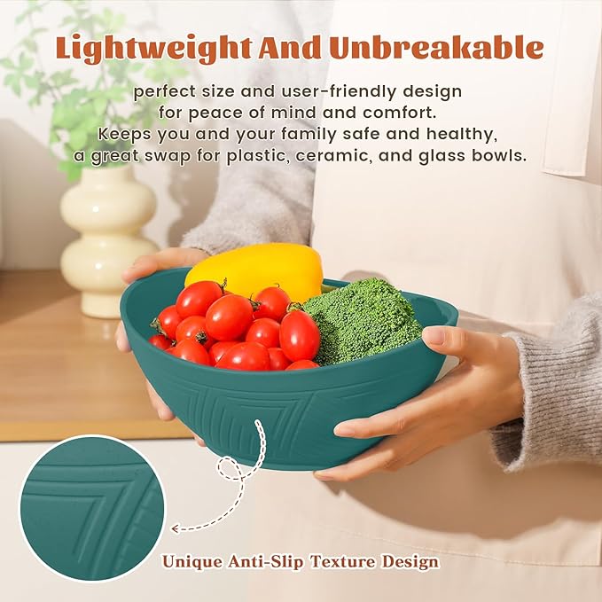 Homienly Salad Bowls 6 PCS Wheat Straw Bowls - 60oz Large Serving Bowl - Microwave and Dishwasher Safe Centerpiece Bowl Big Soup Bowl for Kitchen, Camping, Picnic, Party, Popcorn Bowl Set - Green