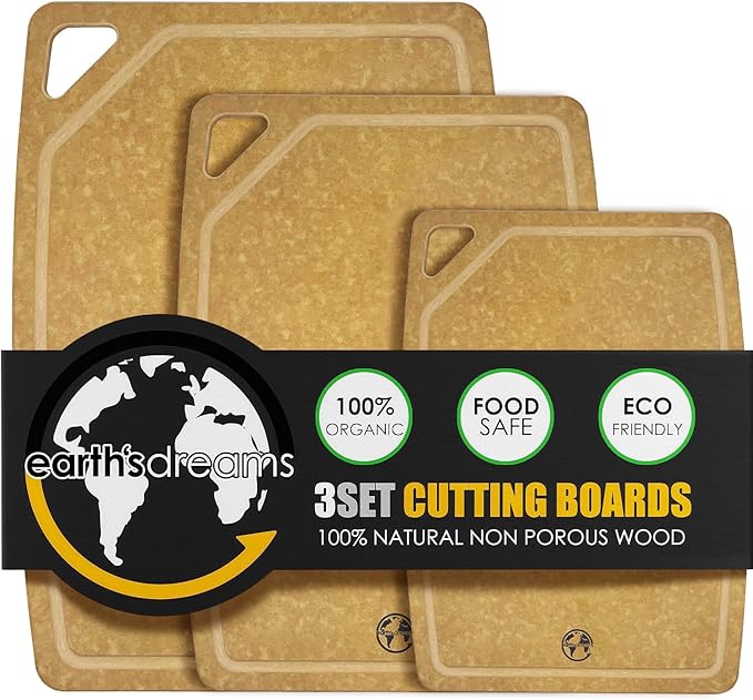 Composite Wood Cutting Board Set of 3 – Dishwasher Safe, Non-Toxic & Plastic-Free Cutting Boards for Kitchen – Large, Medium & Small Non-Slip Wood Charcuterie & Chopping Boards (Tan/Juice)